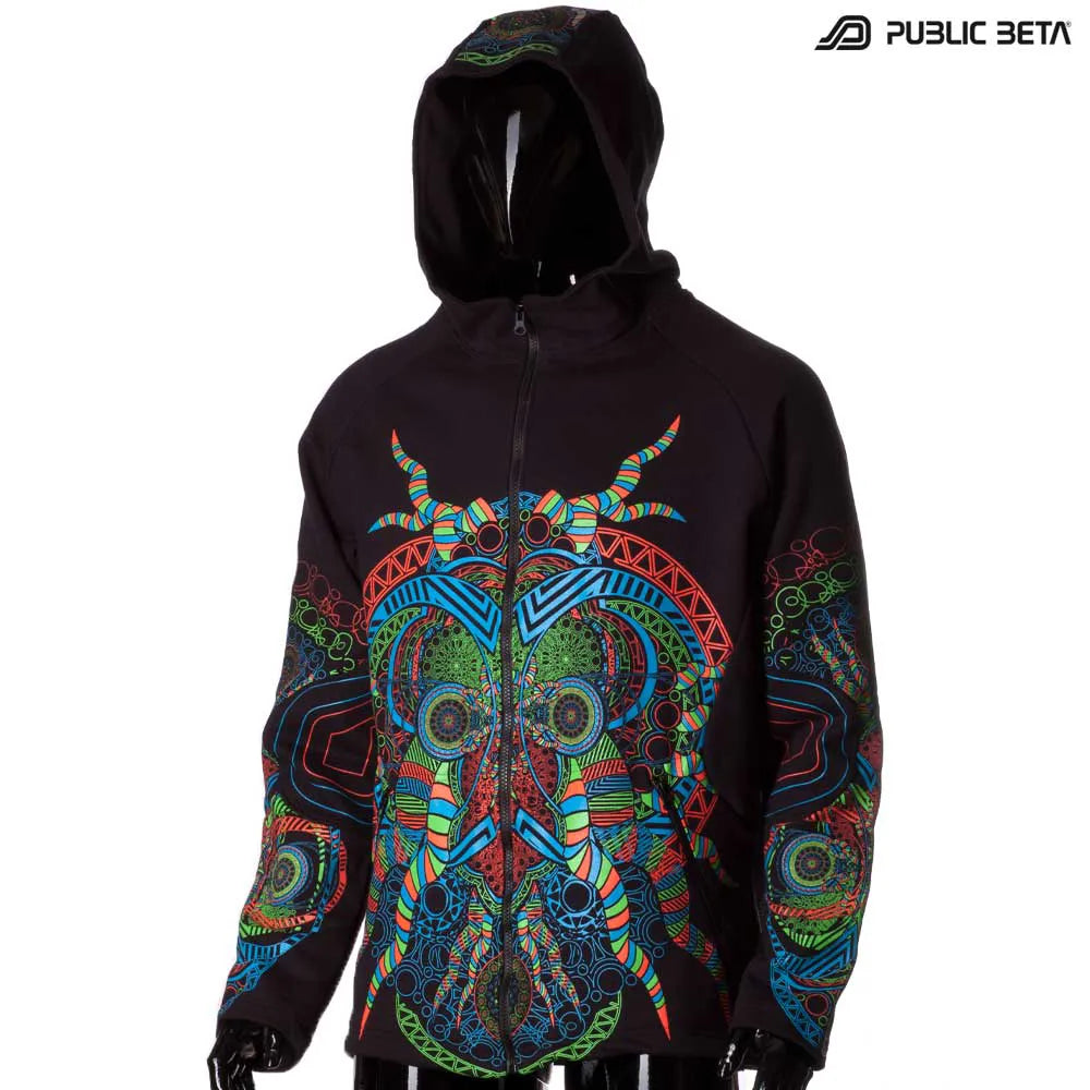 Hooded sweater with UV-reactive printed graphics, photographed in natural light