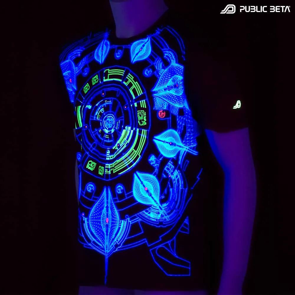 t-shirt with UV-reactive psychedelic art print glowing in blacklight