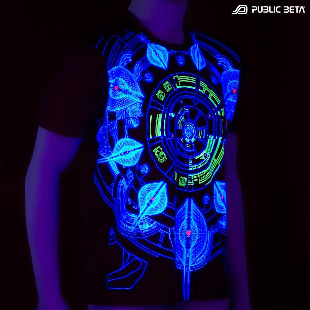 t-shirt with UV-reactive psychedelic art print glowing in blacklight