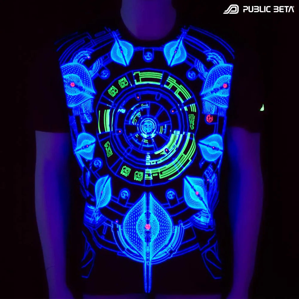 t-shirt with UV-reactive psychedelic art print glowing in blacklight