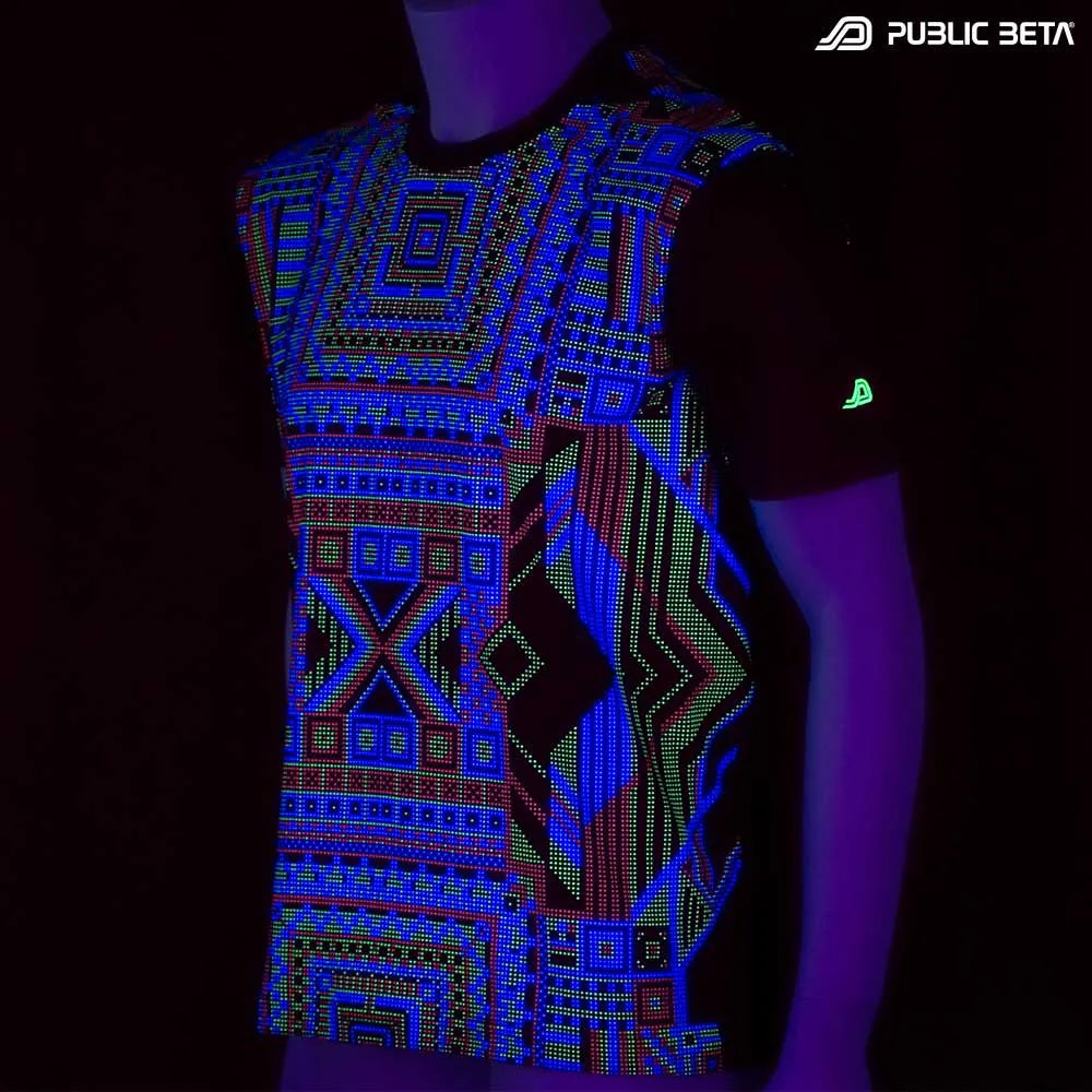 T-shirt with dense pattern UV-reactive graphics glowing under blacklight