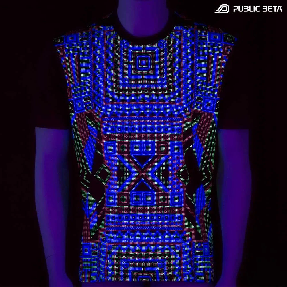 T-shirt with dense pattern UV-reactive graphics glowing under blacklight