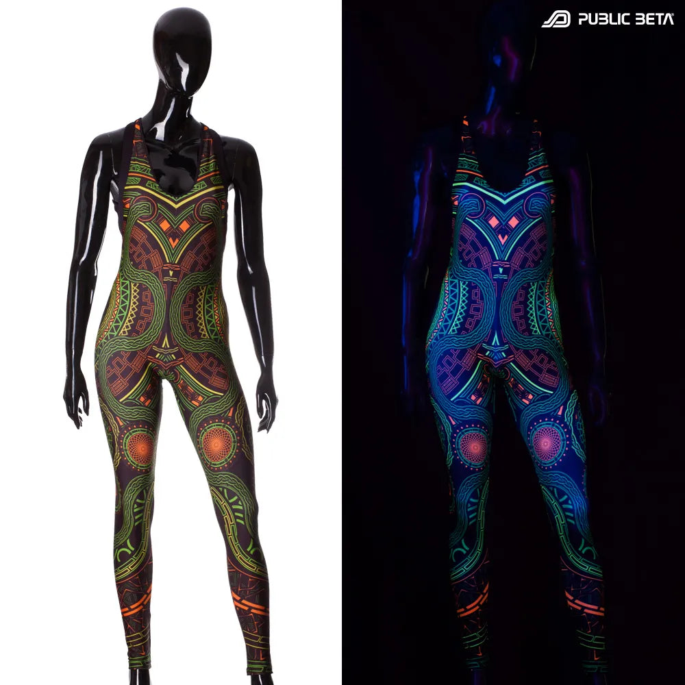 split image of glow in blacklight jumpsuit