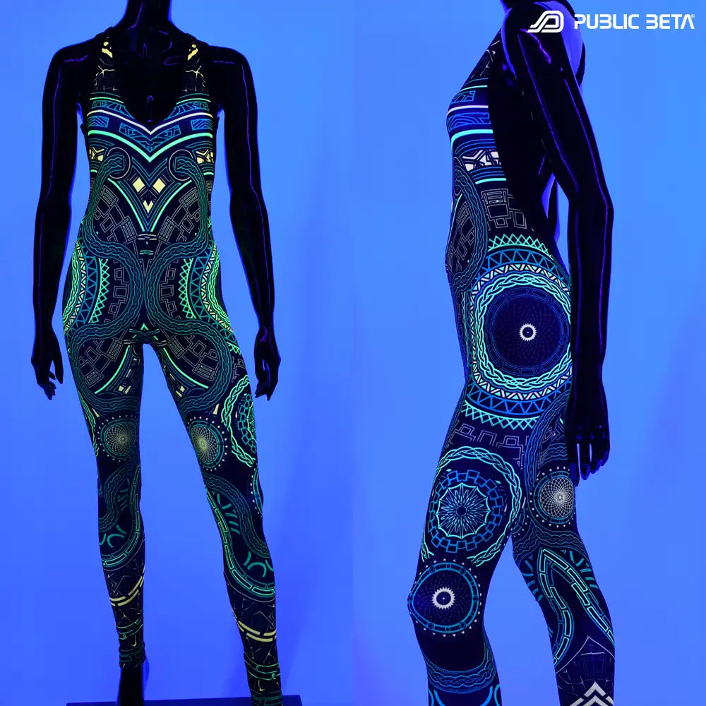Jumpsuit with UV-reactive graphics glowing under blacklight front and side