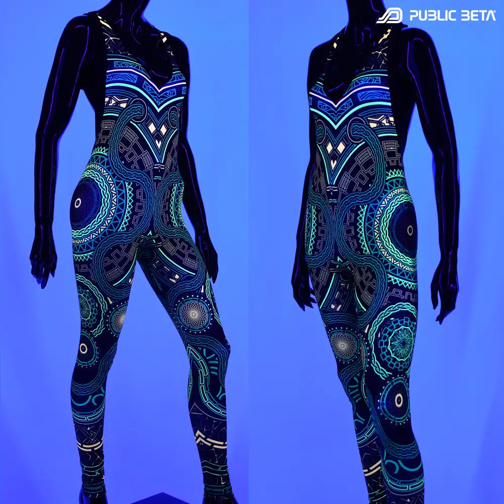 Jumpsuit with UV-reactive graphics glowing under blacklight front