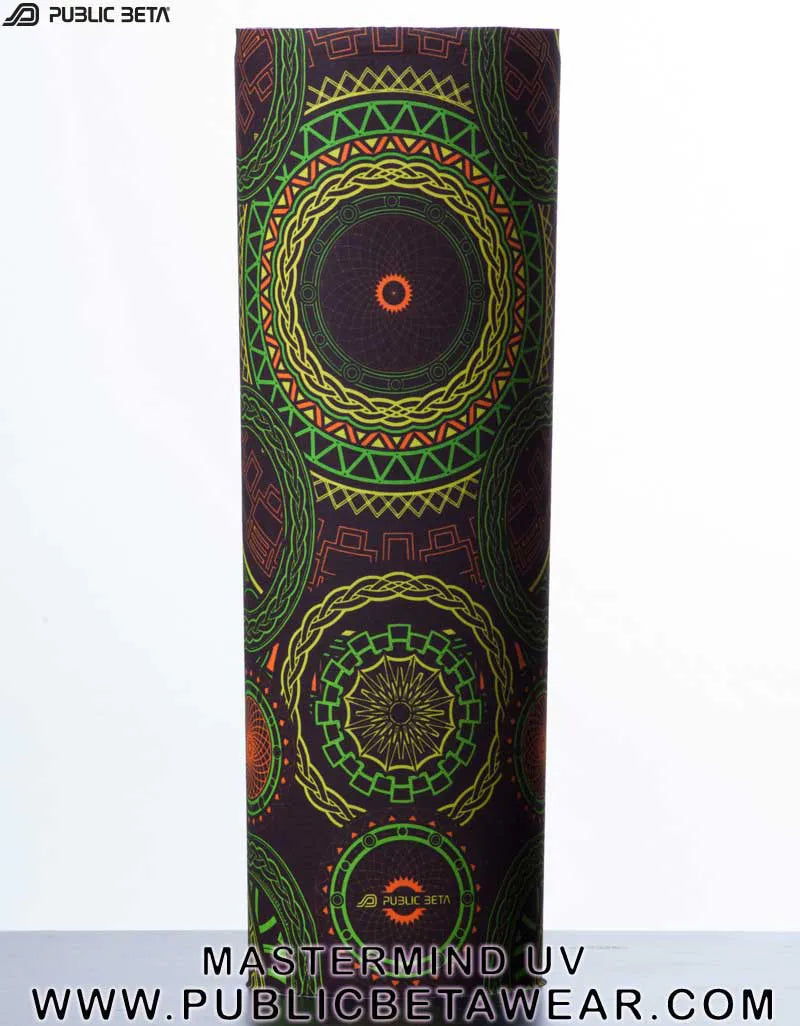 Tube scarf with UV-reactive psychedelic art print, photographed in natural light