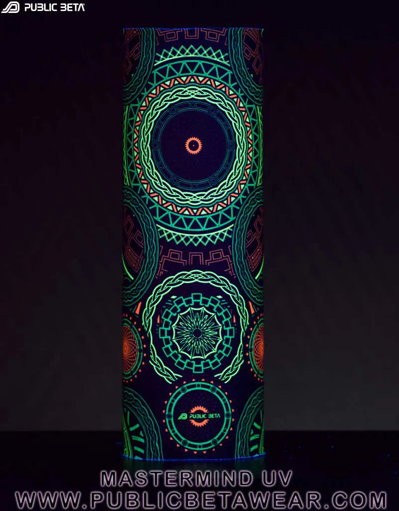 Tube scarf with UV-reactive psychedelic art print glowing under blacklight