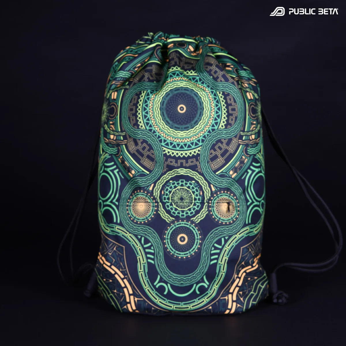 Drawstring bag with UV-reactive psychedelic art graphics 