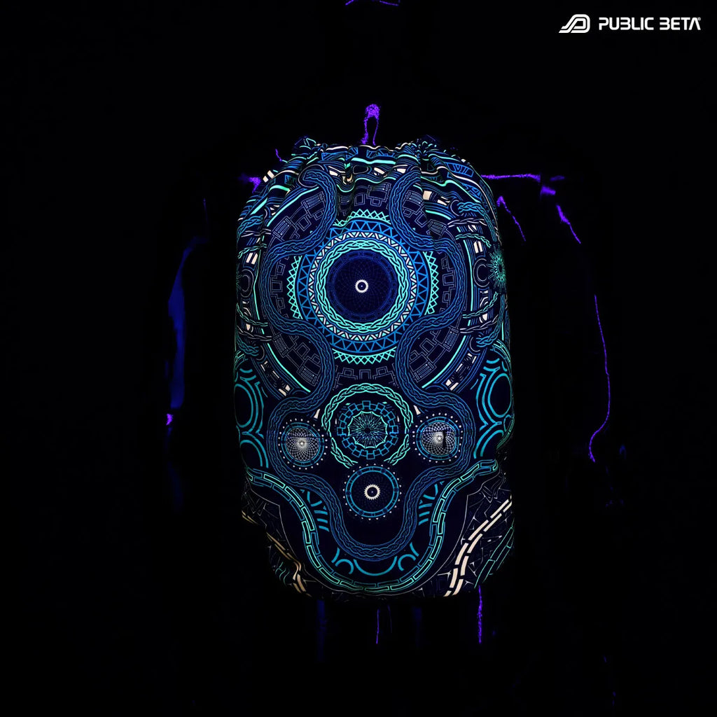 Drawstring bag with UV-reactive psychedelic art graphics glowing under blacklight