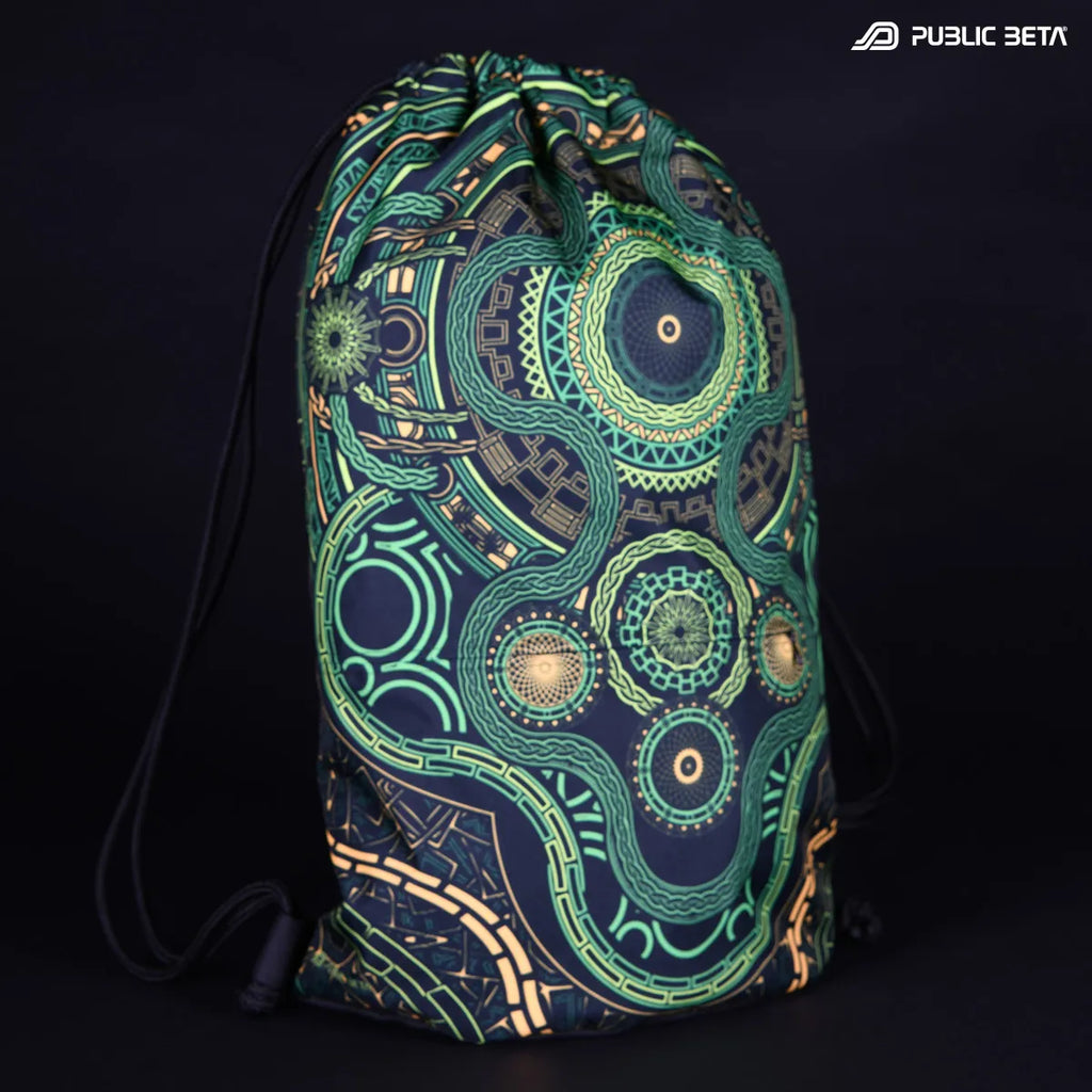 Drawstring bag with UV-reactive psychedelic art graphics 