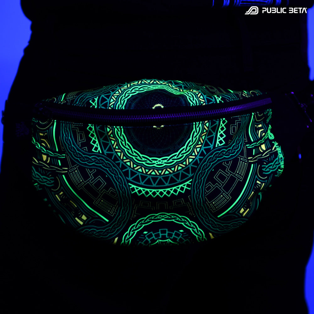 Bum bag with green and yellow geometric tribal mandala print glowing under blacklight