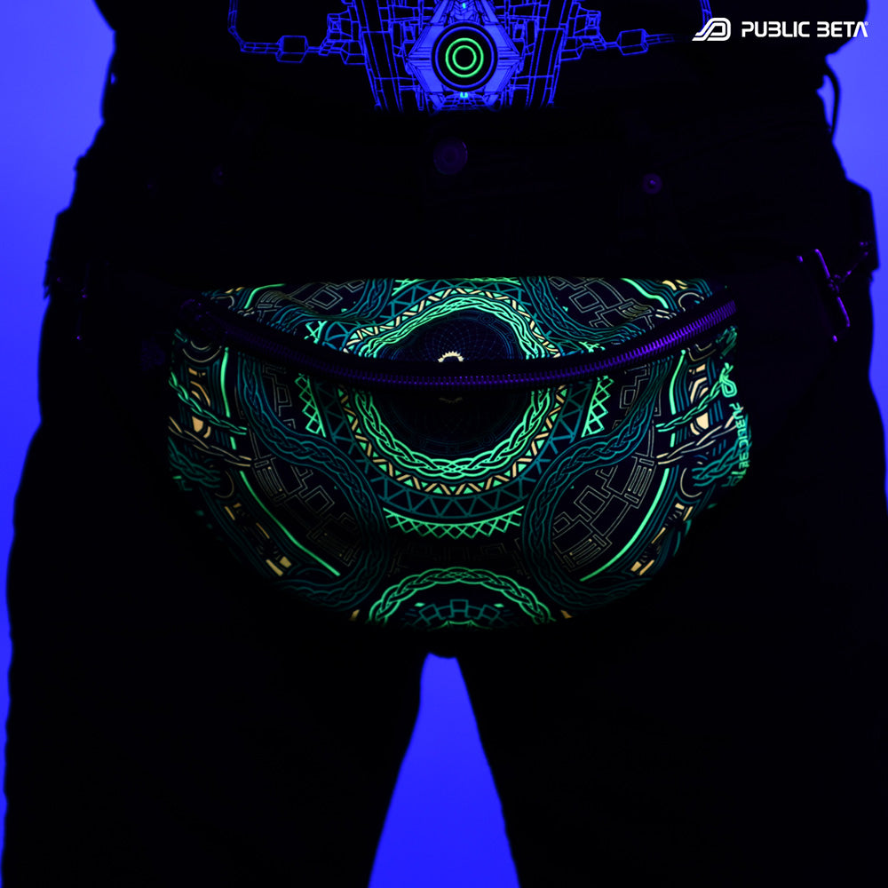 Bum bag with green and yellow geometric tribal mandala print glowing under blacklight