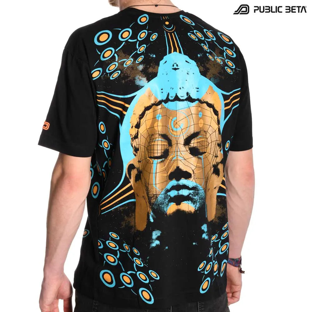 T-shirt with UV-reactive visionary graphics, photographed in natural light