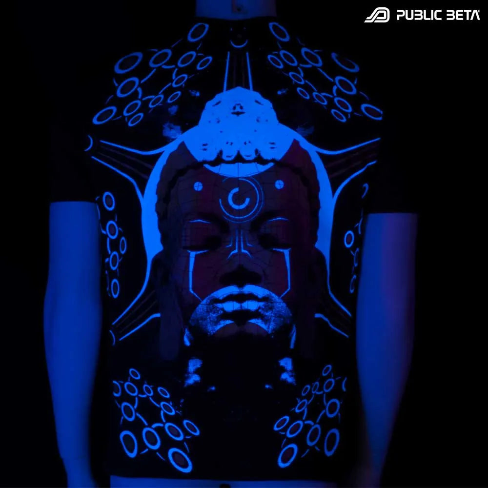 T-shirt with UV-reactive visionary graphics glowing in blacklight