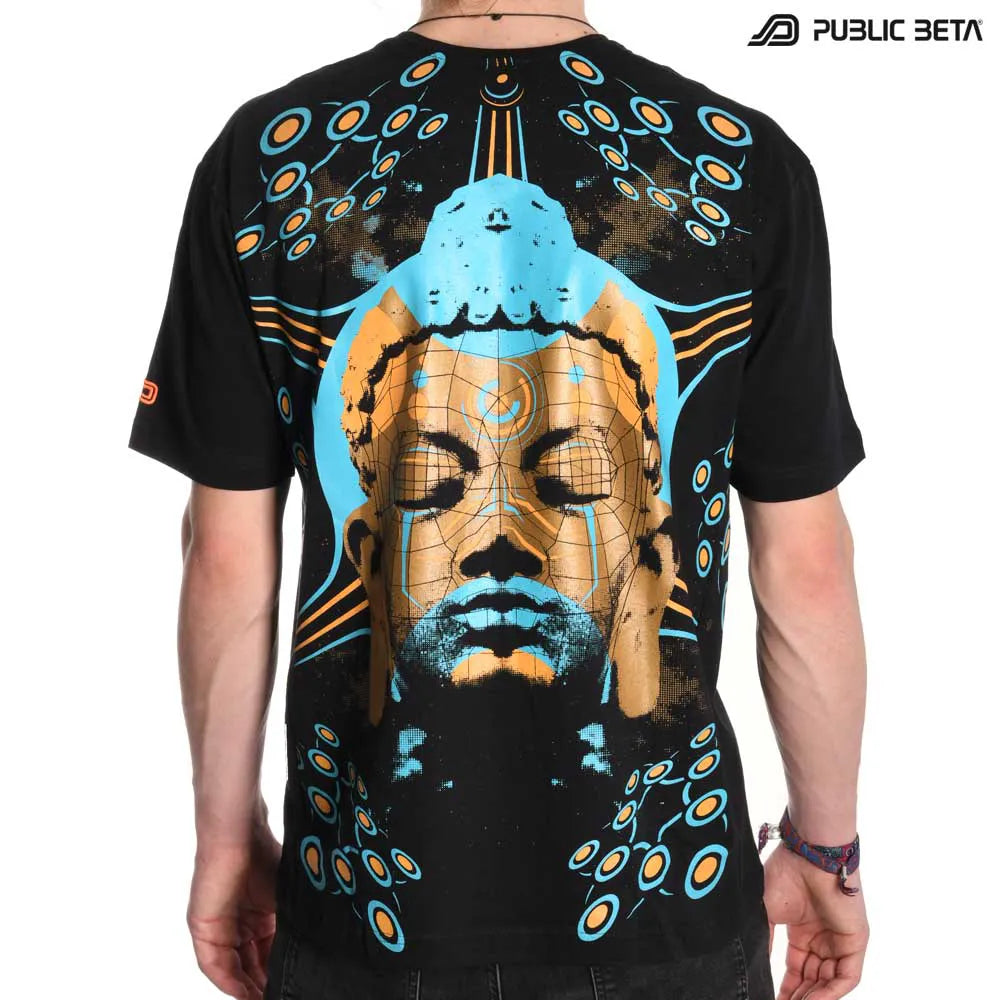 T-shirt with UV-reactive visionary graphics, photographed in natural light