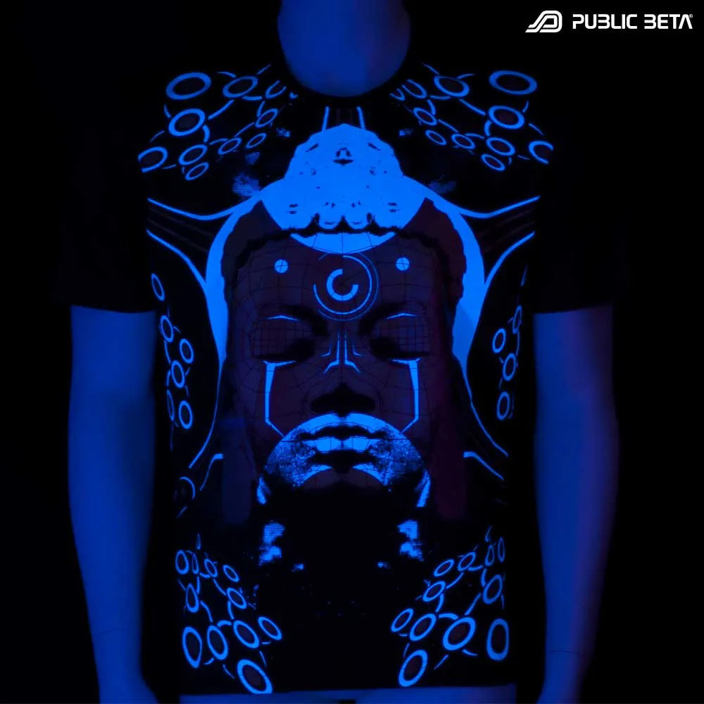 T-shirt with UV-reactive visionary graphics glowing in blacklight