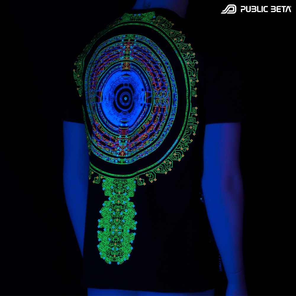T-shirt with Vibe UV-reactive graphics glowing under blacklight