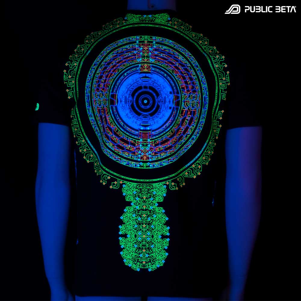 T-shirt with Vibe UV-reactive graphics glowing under blacklight