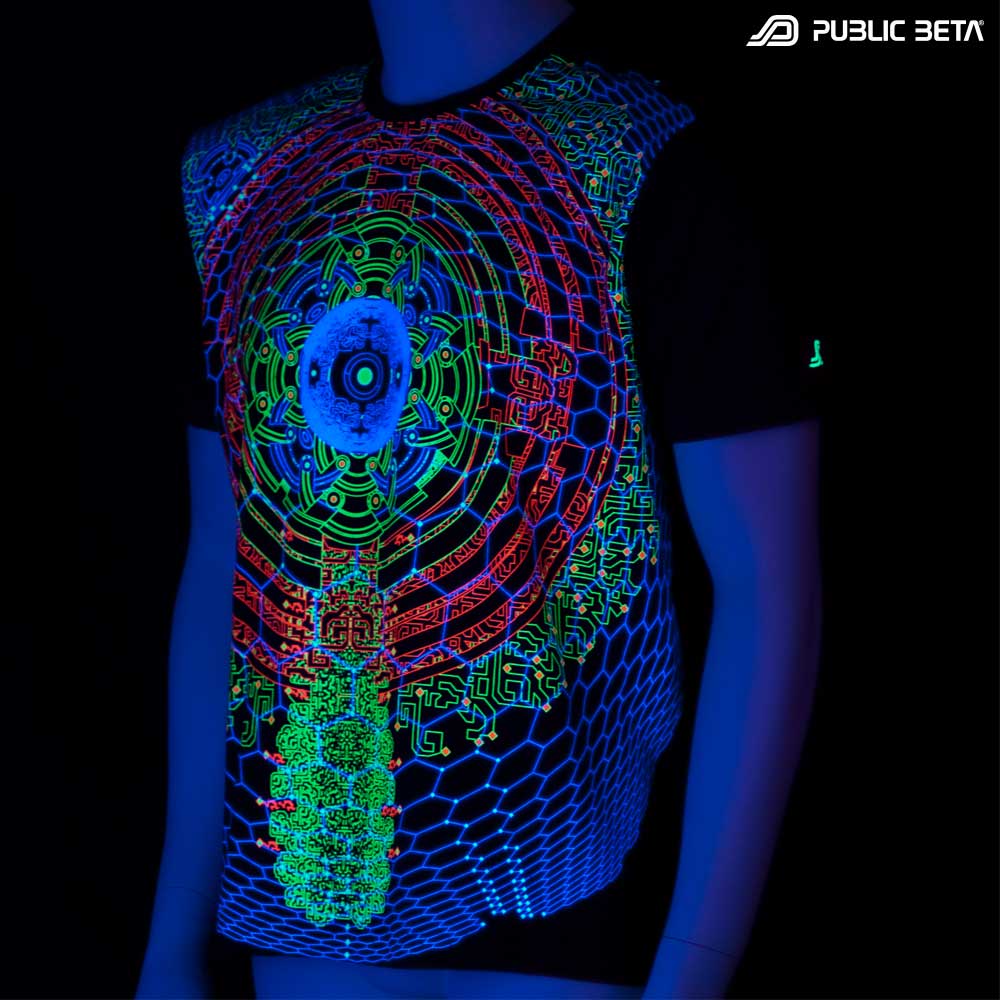 T-shirt with Vibe UV-reactive graphics glowing under blacklight