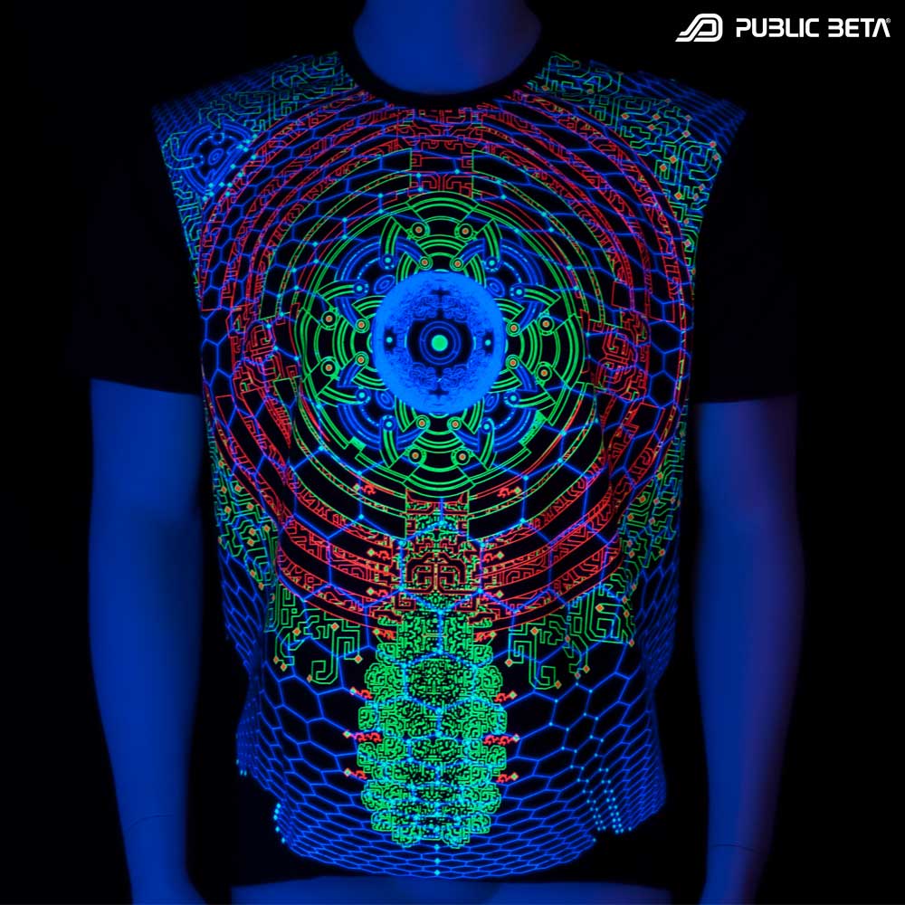 T-shirt with Vibe UV-reactive graphics glowing under blacklight