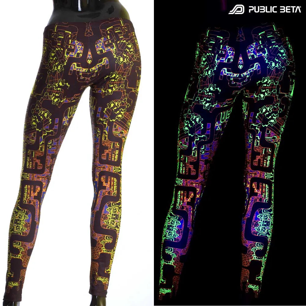Uv reactive psychedelic art printed leggings shown in natural light and glowing under blacklight split image view