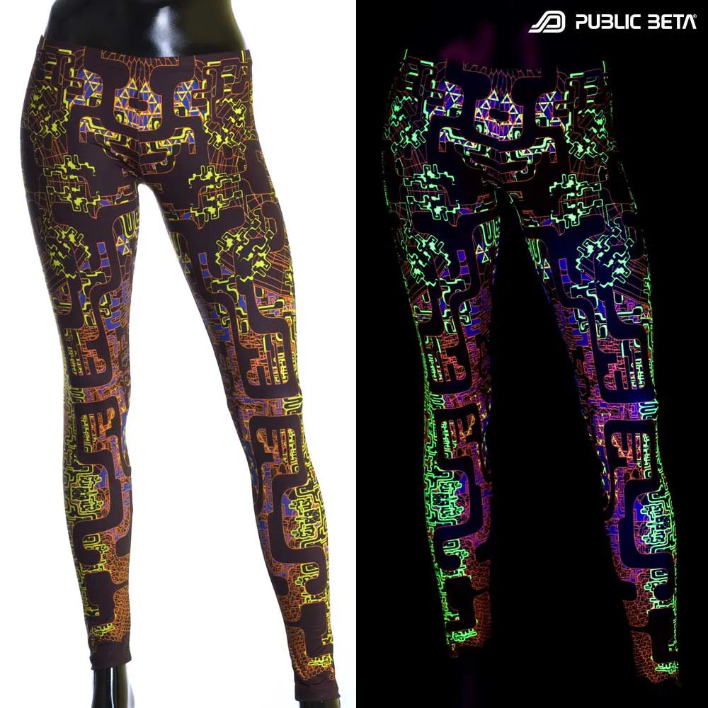 Uv reactive psychedelic art printed leggings shown in natural light and glowing under blacklight split image view