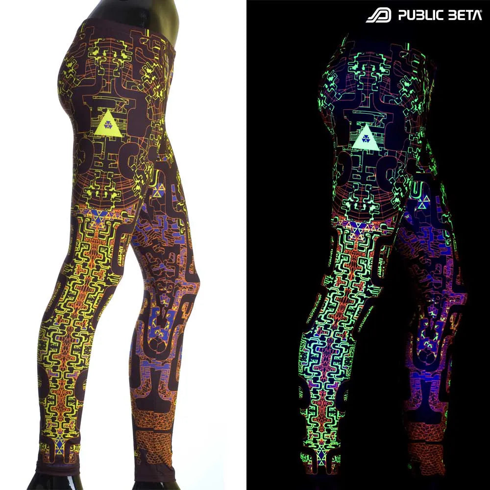 Uv reactive psychedelic art printed leggings shown in natural light and glowing under blacklight split image view