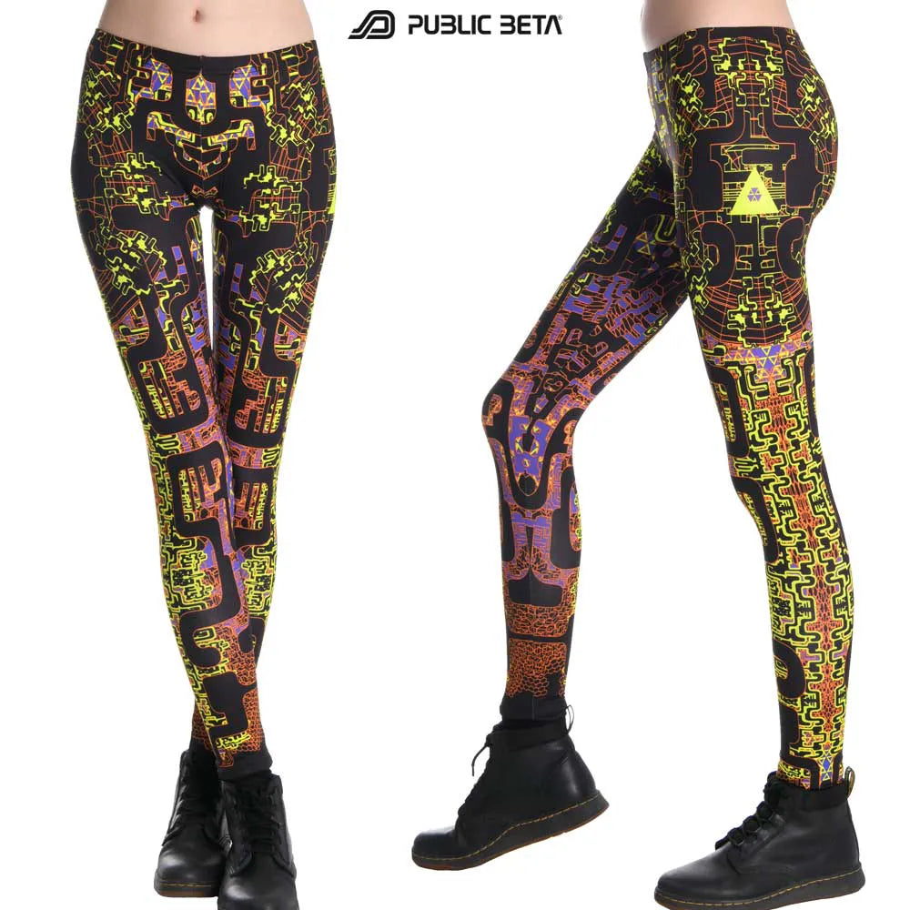 Leggings with UV-reactive psychedelic art print, photographed in natural light