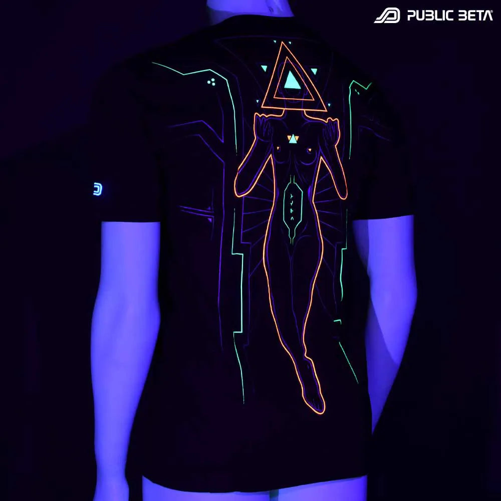 T-shirt with UV-reactive visionary print glowing under blacklight
