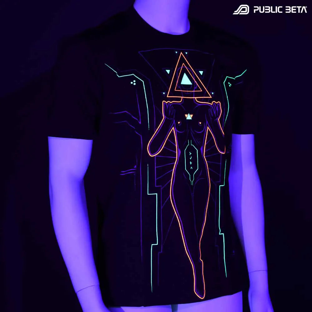 T-shirt with UV-reactive visionary print glowing under blacklight