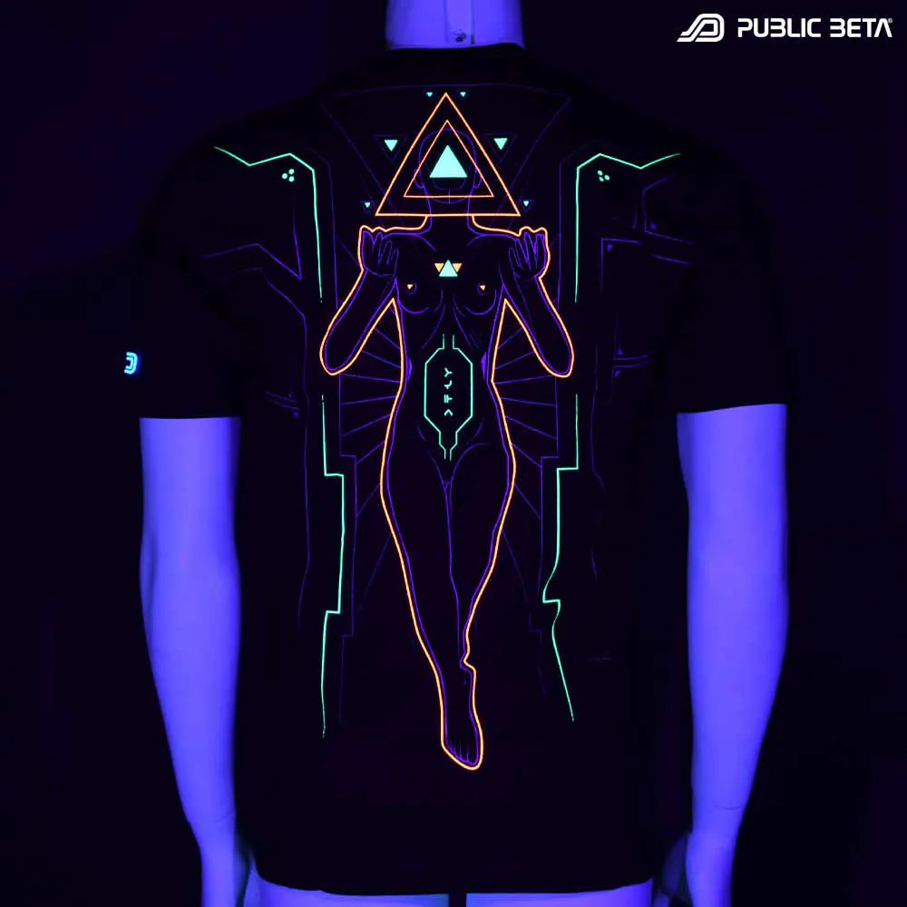 T-shirt with UV-reactive visionary print glowing under blacklight