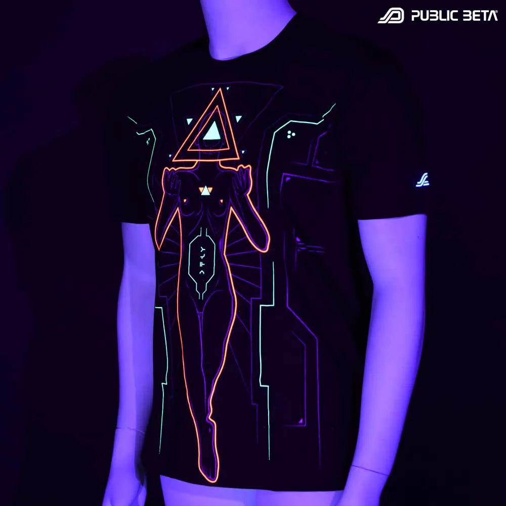 T-shirt with UV-reactive visionary print glowing under blacklight