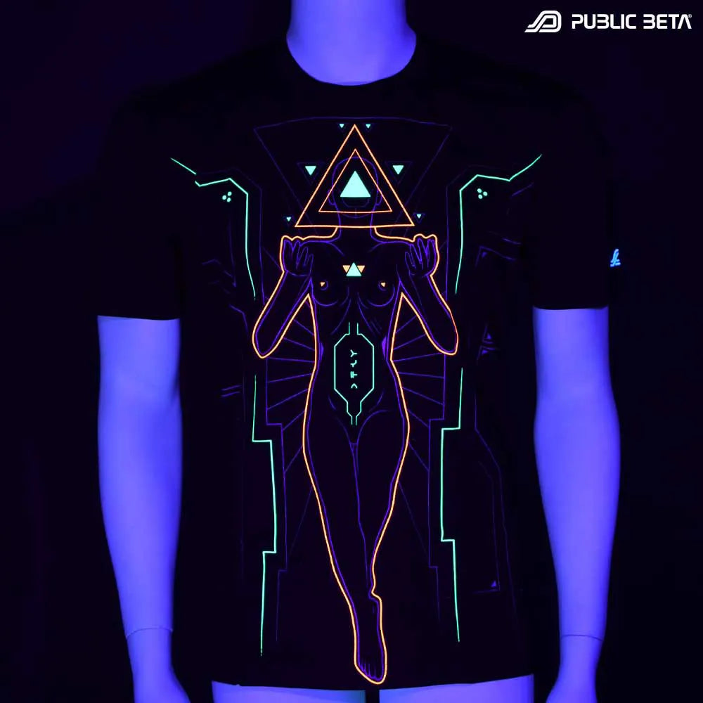 T-shirt with UV-reactive visionary print glowing under blacklight