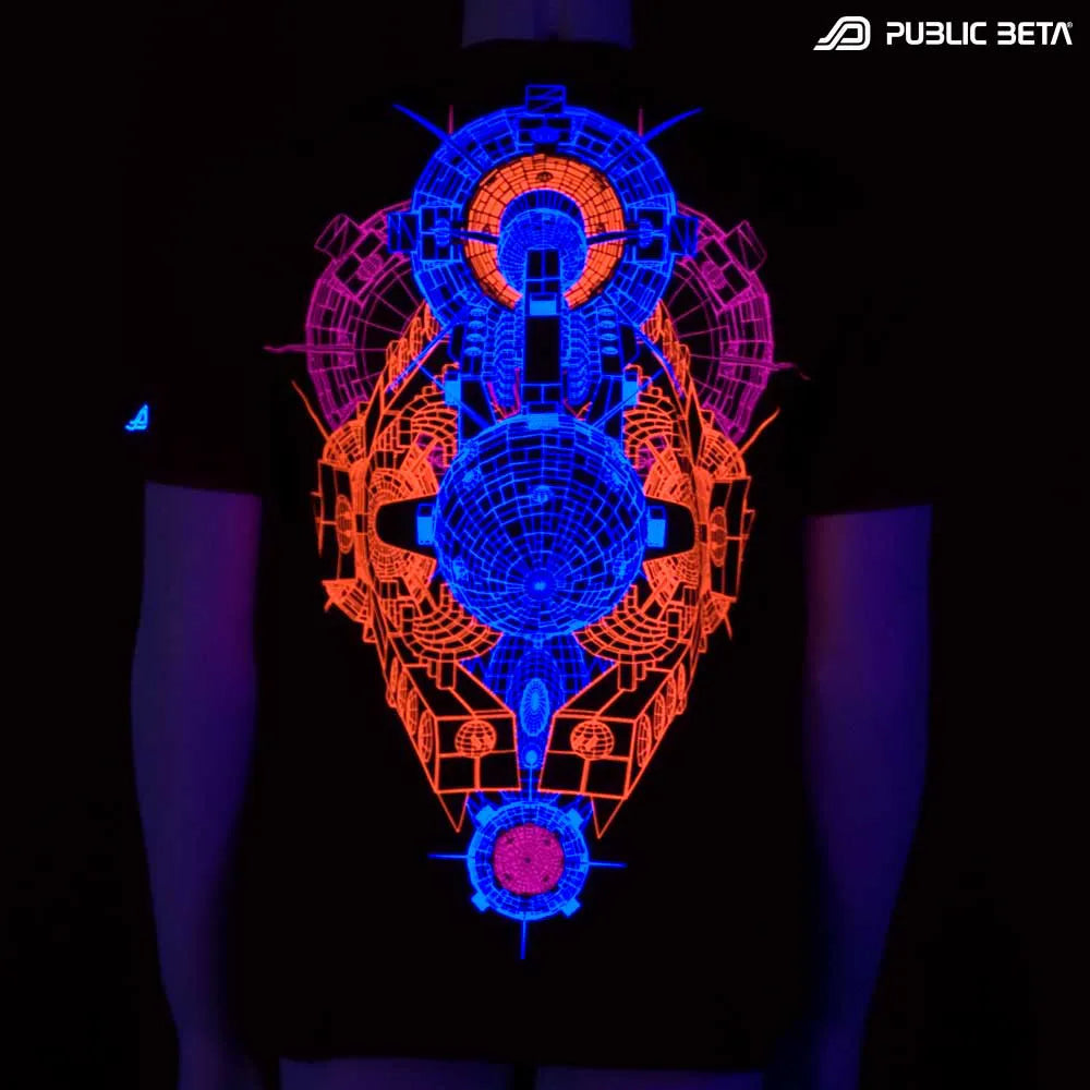 T-shirt with UV-reactive futuristic print glowing under blacklight