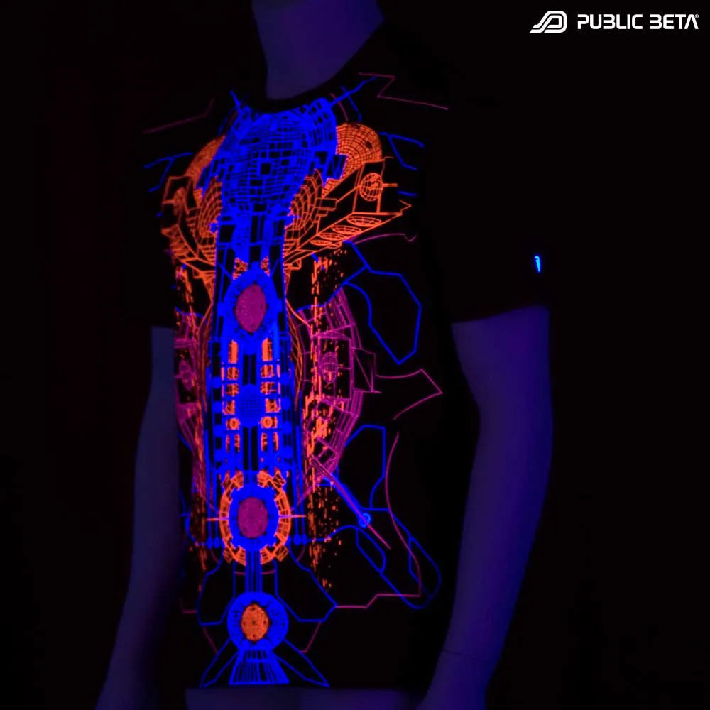 T-shirt with UV-reactive futuristic print glowing under blacklight