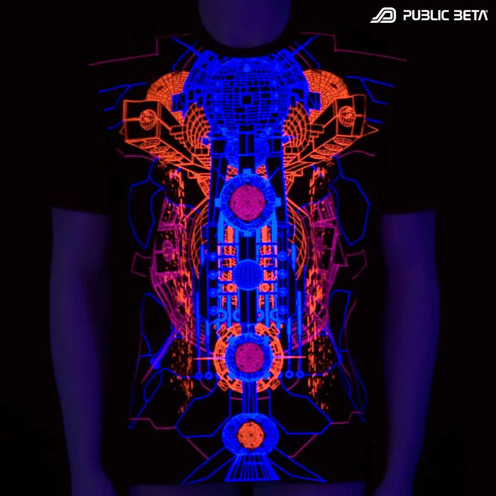 T-shirt with UV-reactive futuristic print glowing under blacklight