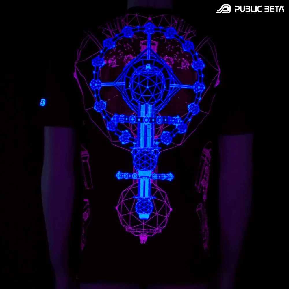 T-shirt with UV-reactive futuristic print glowing under blacklight