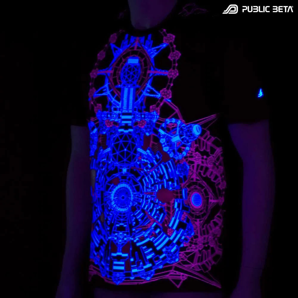 T-shirt with UV-reactive futuristic print glowing under blacklight