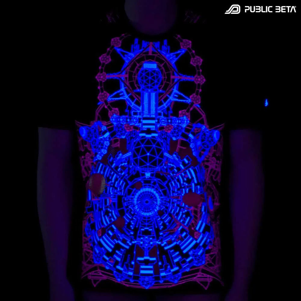 T-shirt with UV-reactive futuristic print glowing under blacklight