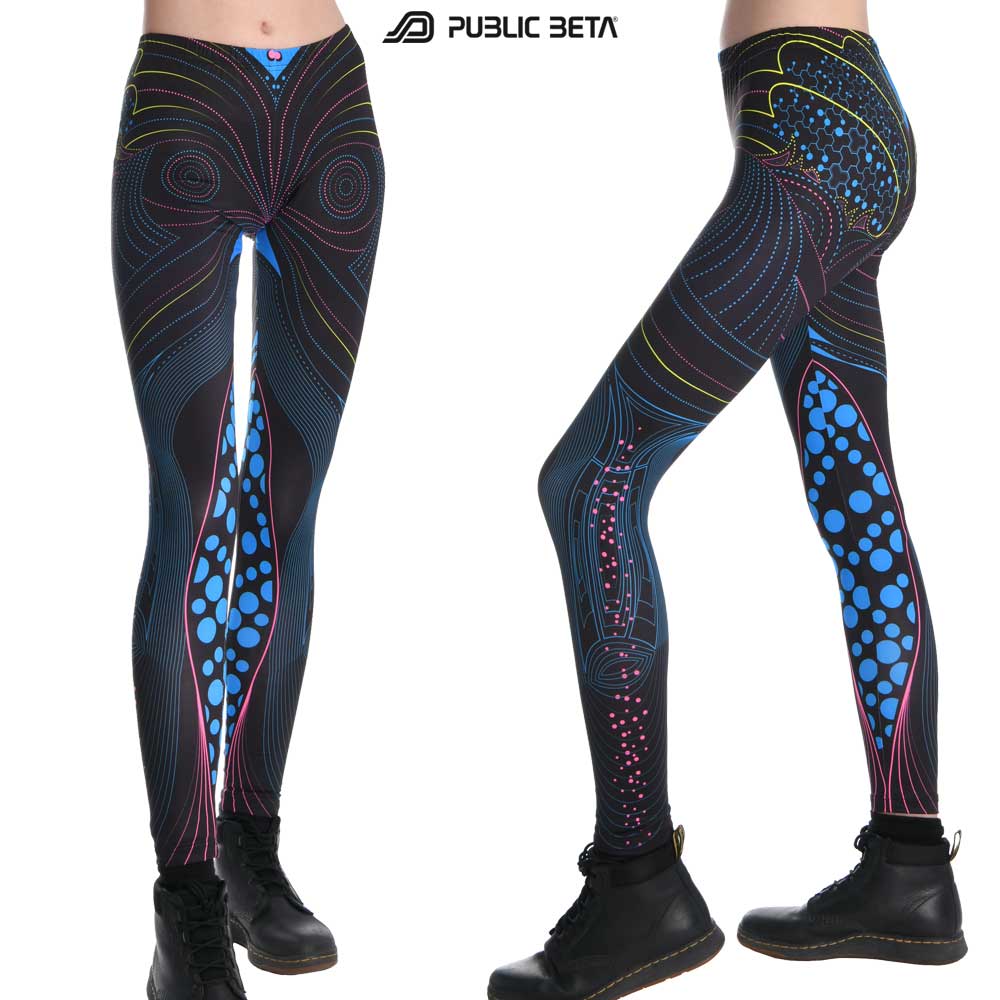Leggings with heartbeat pulse wave print, photographed in natural light