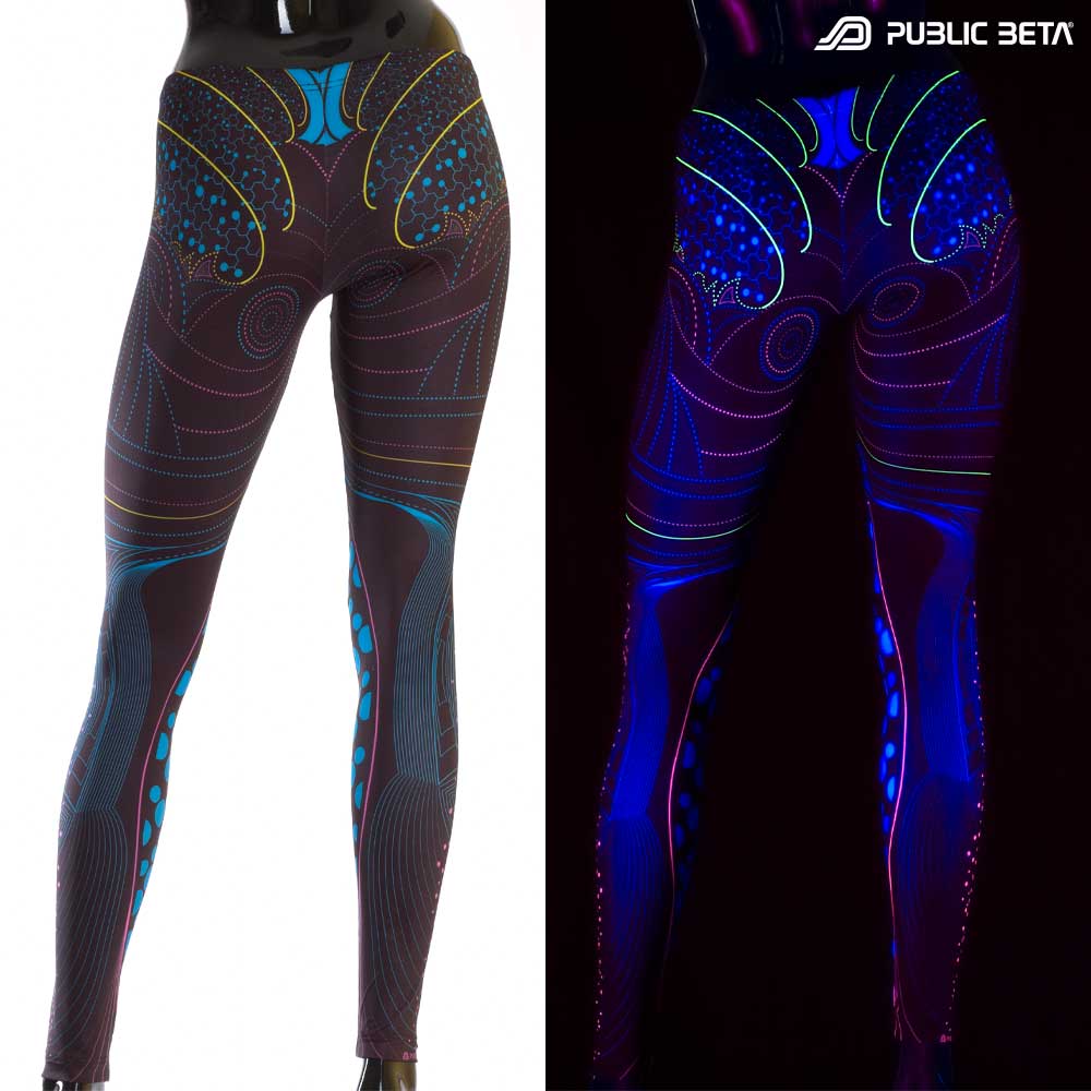 Split image of leggings with heartbeat pulse wave print shown in natural light and glowing under blacklight