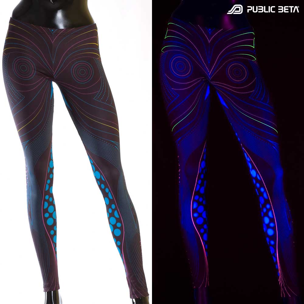 Split image of leggings with heartbeat pulse wave print shown in natural light and glowing under blacklight
