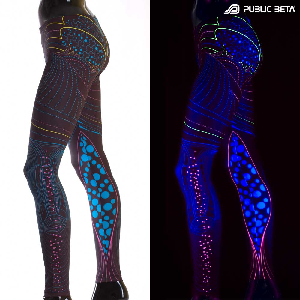 Split image of leggings with heartbeat pulse wave print shown in natural light and glowing under blacklight