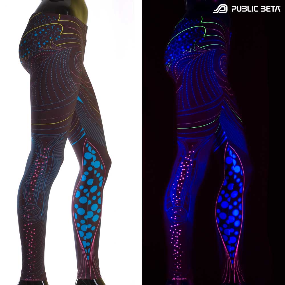 Split image of leggings with heartbeat pulse wave print shown in natural light and glowing under blacklight