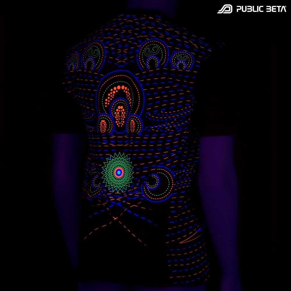 T-shirt with Hexodus UV-reactive graphics glowing under blacklight