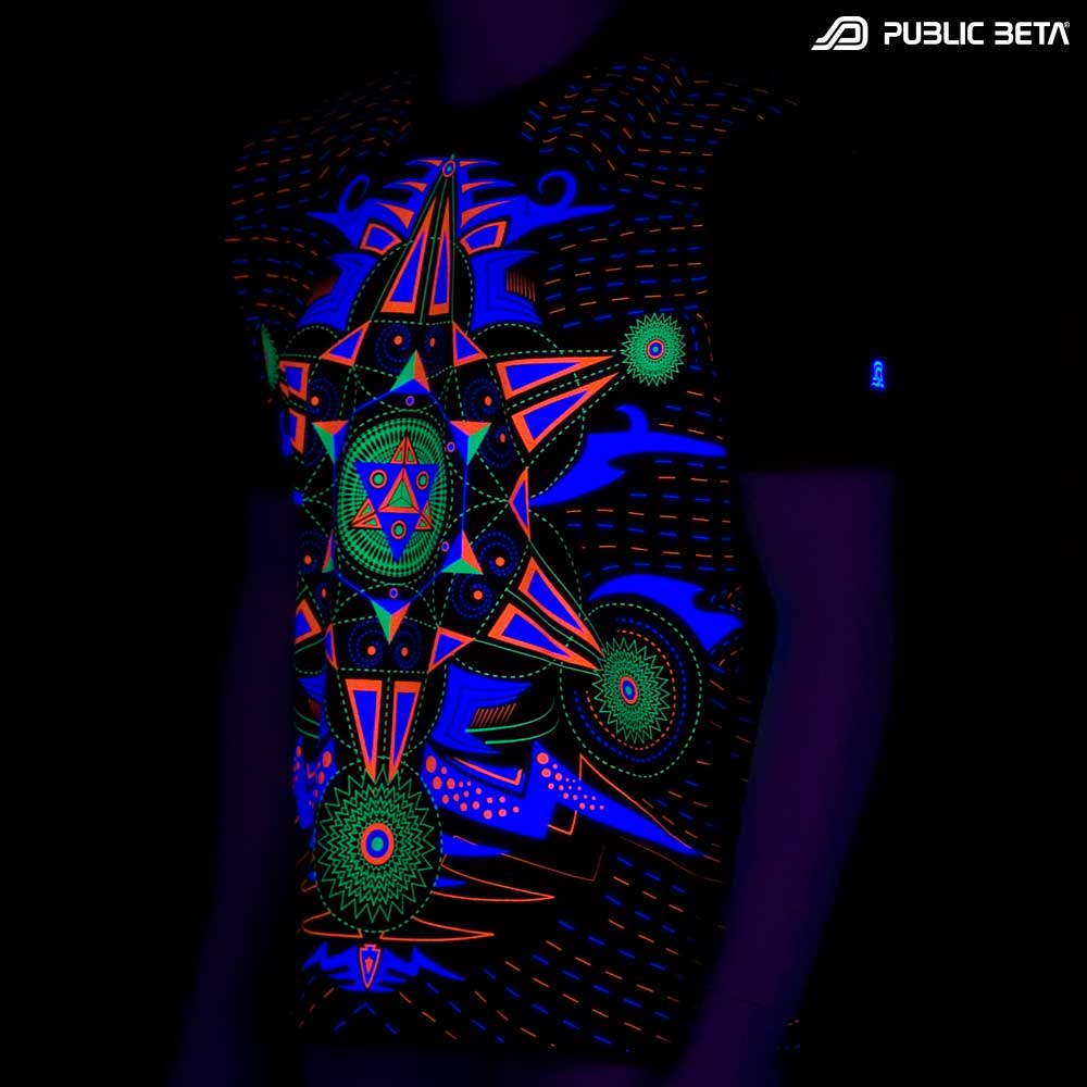 T-shirt with Hexodus UV-reactive graphics glowing under blacklight