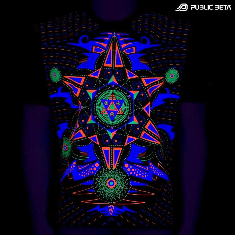 T-shirt with Hexodus UV-reactive graphics glowing under blacklight