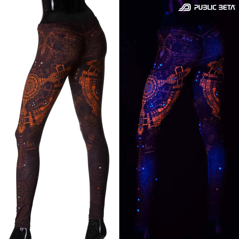 Split image of leggings with uv-reactive futuristic graphics shown in natural light and glowing under blacklight