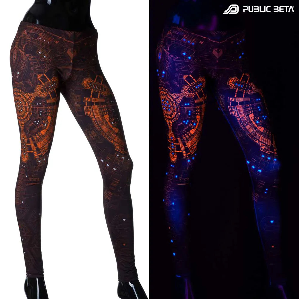 Split image of leggings with uv-reactive futuristic graphics shown in natural light and glowing under blacklight