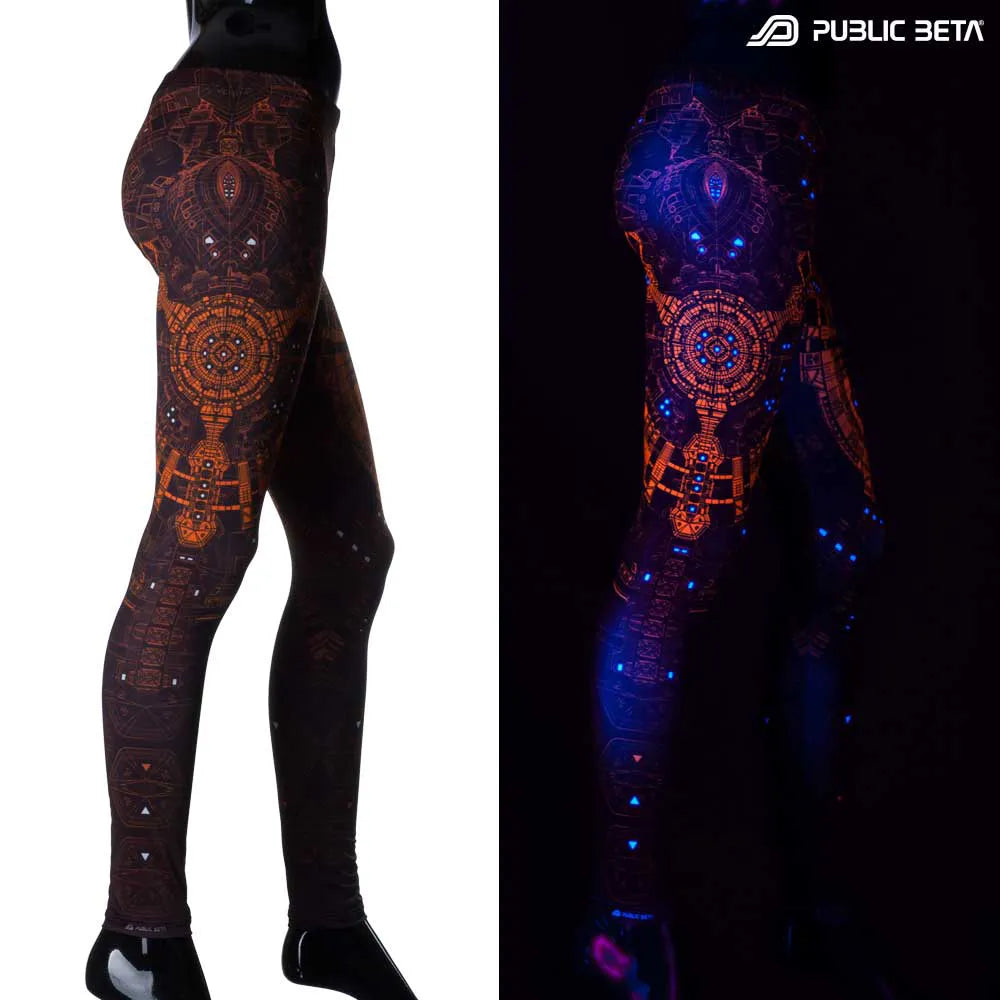 Split image of leggings with uv-reactive futuristic graphics shown in natural light and glowing under blacklight